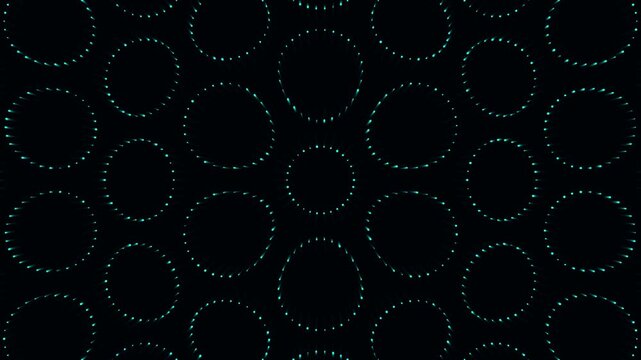 Neon cyan glowing circles rotating in symmetrical pattern on deep black background representing digital data connectivity flow in minimalist abstract motion design.