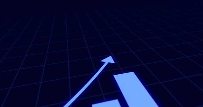 Bar graph, growth and screen with arrow for statistics, insight and info for finance report. Chart, infographic and lines for profit increase, trajectory and financial review for data analytics