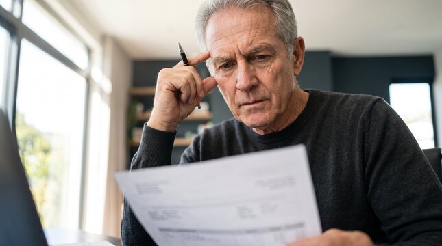 Thoughtful senior man reading tax return papers carefully with pen in hand, calculating retirement savings, auditing financial bills and planning monthly budget at desk with modern laptop.