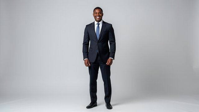 confident african american ceo in tailored dark suit smiling in minimalist studio for professional corporate headshot