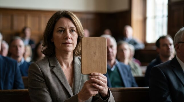 Female bidder holding a blank wooden paddle at an auction. Serious woman in a grey blazer participating in a public bidding event