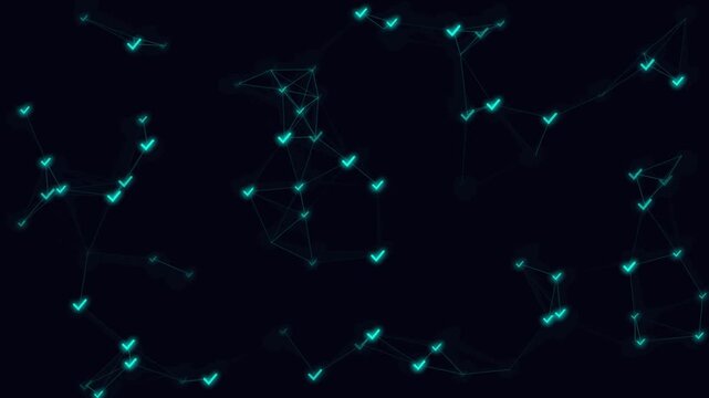 Digital network nodes connected by glowing checkmark symbols forming abstract data links on dark background dynamic tech motion graphic design footage animation.