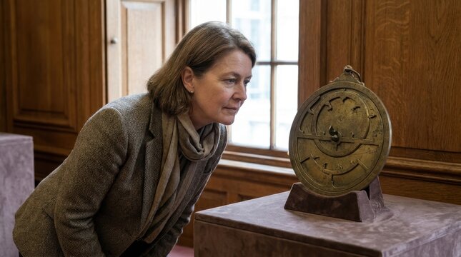 Woman inspecting an antique brass astrolabe at an exhibition. Female visitor examining a historical artifact at an auction preview