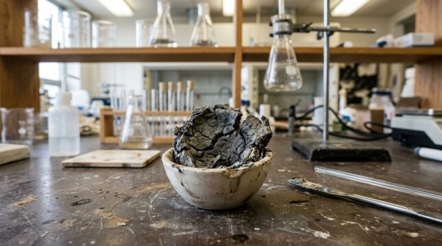 Cracked and failed dark gray material sample in ceramic crucible. Unsuccessful chemical experiment result on laboratory bench