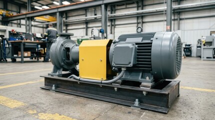 Fototapeta premium Heavy duty industrial electric motor and pump assembly on a steel base. Factory machinery with yellow safety guard on a workshop floor