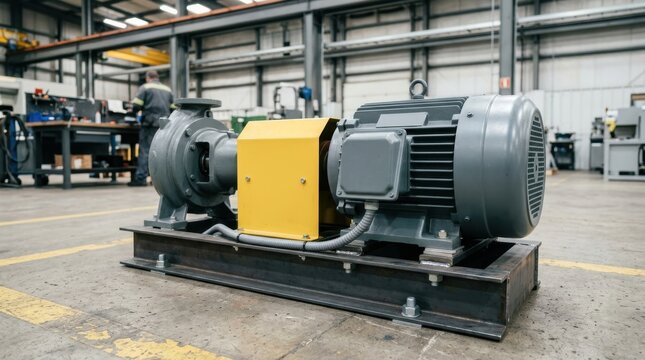 Heavy duty industrial electric motor and pump assembly on a steel base. Factory machinery with yellow safety guard on a workshop floor