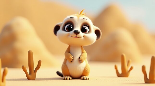 Una linda suricata de dibujos animados, erguida y con sus diminutas patas levantadas, que tiene unos ojos enormes y expresivos