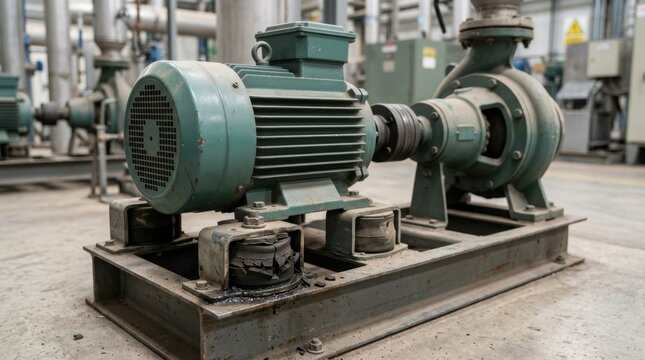 Broken rubber vibration mounts on an industrial electric motor. Damaged machinery isolators in a factory setting. Mechanical failure and maintenance concept