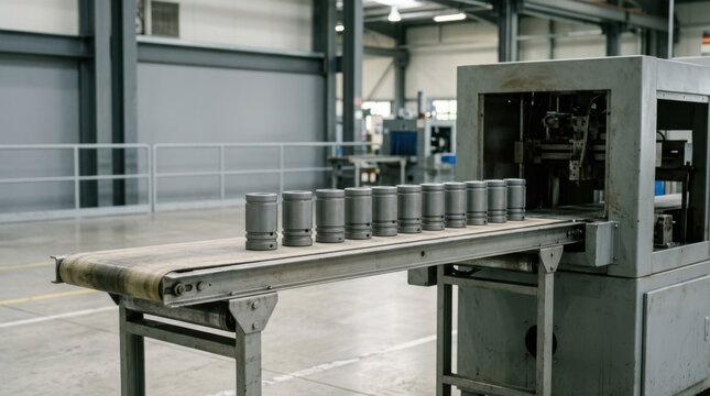 Cylindrical metal parts backed up on a conveyor belt. Factory production line bottleneck and workflow delay concept. Industrial manufacturing process