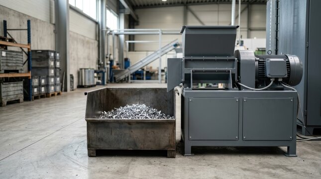 Industrial shredder machine and metal bin filled with scrap material. Factory waste management and recycling process. Sustainable manufacturing concept
