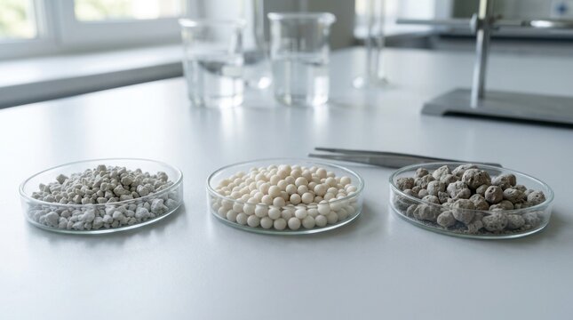 Three glass Petri dishes containing different types of fertilizer granules and pellets. Agricultural chemistry research and soil amendment analysis in a laboratory