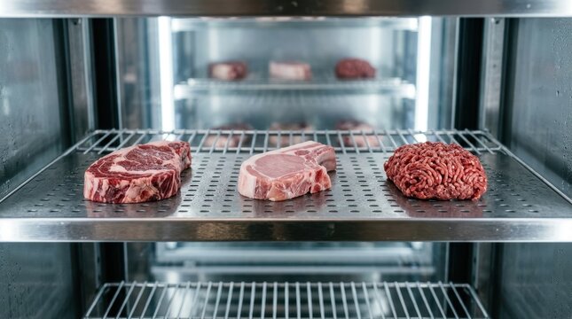 Fresh raw beef ribeye steak pork chop and ground beef on a wire shelf inside a commercial refrigerator. Butcher shop display case with cooling system
