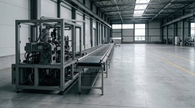 Empty conveyor belt and idle machinery in a vast factory hall. Industrial manufacturing plant during production downtime. Inactive automated assembly line