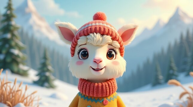 Encantadora alpaca de dibujos animados que lleva un colorido su&eacute;ter de punto y un diminuto gorro de lana, con pelaje esponjoso de color crema