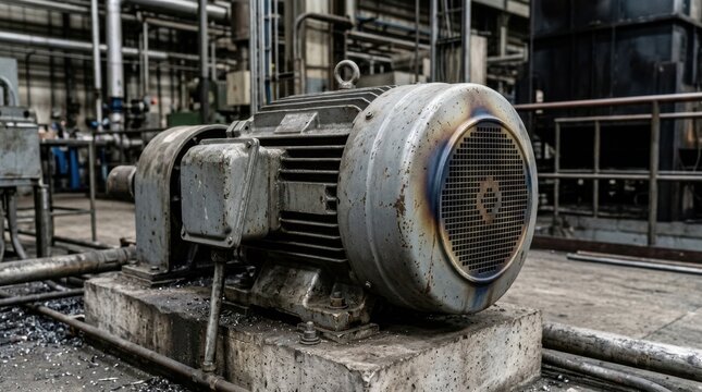 Overheating industrial electric motor in a factory. Heavy duty machine with heat discoloration on metal casing