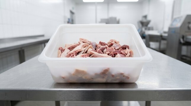 Raw meat scraps and fat trimmings in plastic container on stainless steel table. Food waste and byproduct management in processing factory