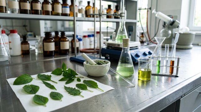 Botanical research in a laboratory with plant samples and extracts. Green leaves, mortar and pestle, and flasks with liquid on a workbench