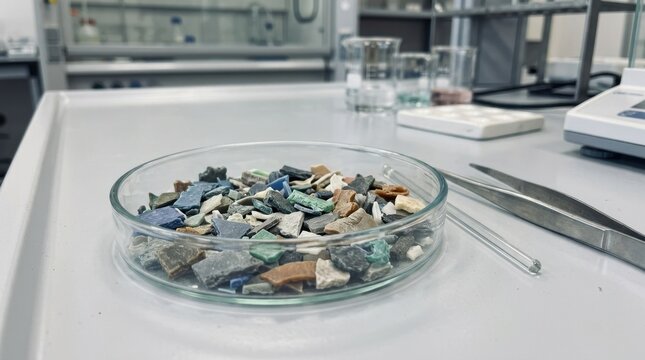 Shredded recycled plastic fragments in a petri dish. Laboratory research on polymer recycling and sustainability