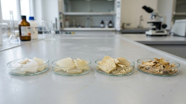 Stages of plastic degradation demonstrated in petri dishes. Environmental chemistry research on polymer decomposition in a laboratory