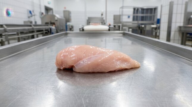 Raw chicken breast fillet on a stainless steel table. Quality inspection and food safety in a poultry processing facility