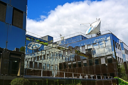 Geneva, Switzerland, Europe 05.2026 : Logo on satellite dish, Headquarters of European Broadcasting Union E.B.U., alliance of public service media organizations in European Broadcasting Area