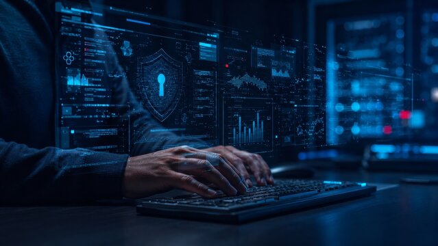 Hands Typing Code on Keyboard with Futuristic Cybersecurity and Digital Network Interface