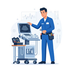 Fototapeta premium Medical Technician Repairing Ultrasound Machine with Toolbox and ECG Monitor in Background - Vector Illustration