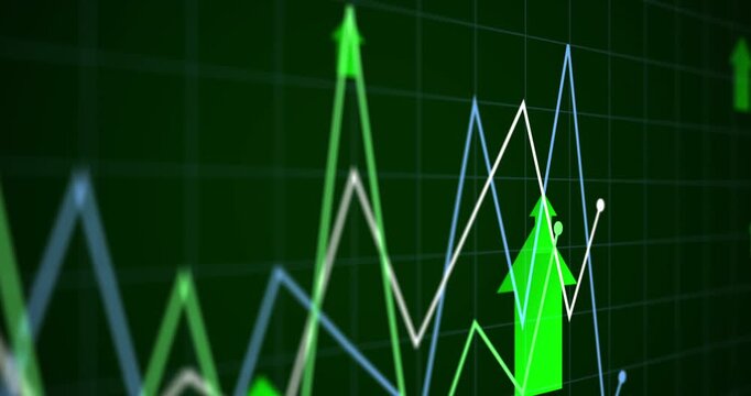 Arrow, chart and screen with lines for statistics, insight and information for finance presentation. Ui, infographic and animation for profit increase, investment and financial growth for analytics
