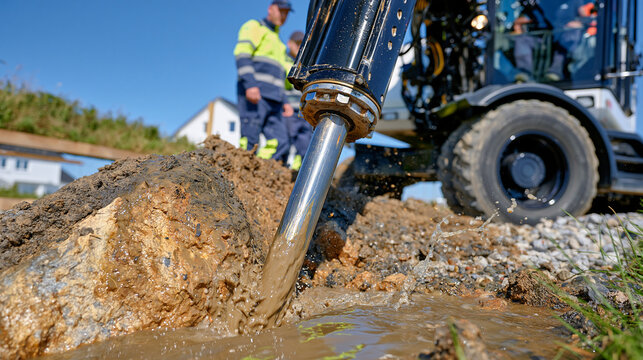 Wide cinematic view of an artesian well drilling operation in an open construction field, powerful drilling rig displacing layers of wet soil and rock, muddy groundwater erupting from the deep bore,