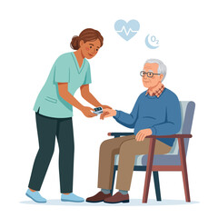 Fototapeta premium Nurse checks elderly man's oxygen saturation with pulse oximeter, healthcare, medical care, and support concepts