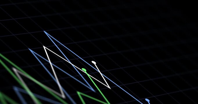Graph, screen and dark background with lines for statistics, insight and info for finance report. Display, infographics and ui for profit increase, decrease and financial growth for trading analytics