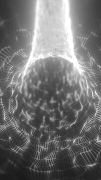 Abstract monochrome wireframe tunnel with glowing mesh waves and warped geometric surfaces, representing digital data, cyberspace, and futuristic technology.