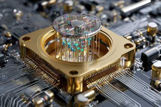 Cutting-edge quantum computer technology showcased on intricate circuit board background