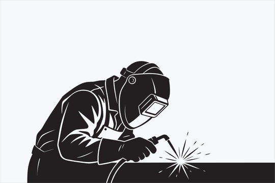 Silhouette of welder wearing protective mask and welding metal with sparks. Vector illustration for industrial worker and manufacturing.