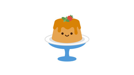 Fototapeta premium Cute Kawaii Caramel Pudding Flan Dessert Character with Face on Blue Cake Stand