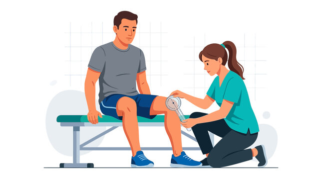 Physical therapist examining patient's knee with goniometer, healthcare concept illustration