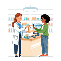 Obraz premium Pharmacist hands prescription bag to customer at pharmacy counter, illustration.