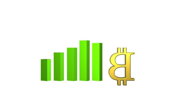 A 3D gold Bitcoin logo juxtaposed with a rising green bar chart, symbolizing crypto value growth, bullish market trends, and digital investment profits.