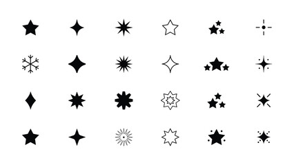 Fototapeta premium Generative AI sparkle icon set for Adobe Illustrator, vector collection of clean star symbols, magical glitter effects and decorative shine elements