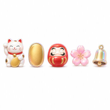 招き猫を中心に、縁起のよい小判、だるま、桜、鈴を組み合わせた、日本の開運モチーフ5点セットです。可愛らしく上品なパステル3Dと控えめな虹色の光沢で、白背景に余白を残して配置しました。文字や記号は含みません。