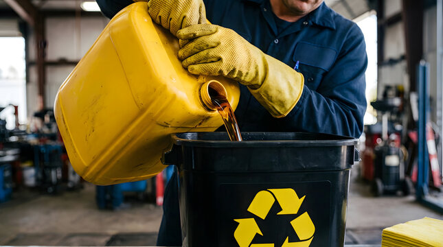 Mechanic Pouring Used Engine Oil into Yellow Recycling Container | Auto Service Technician Transferring Waste Motor Oil for Disposal | Proper Waste Engine Oil Recycling Process in Auto Repair Shop |