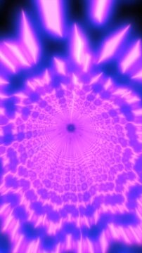 Abstract purple neon tunnel with glowing geometric patterns, radial symmetry, and motion blur, creating a hypnotic journey into a futuristic vortex.