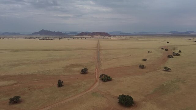 Namibian landscape, drone flight over the arid African savannah