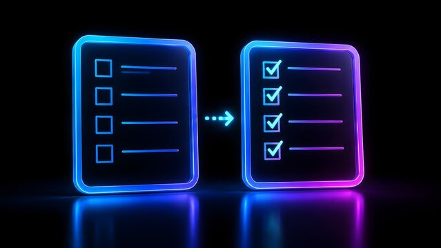 Glowing neon checklists with directional arrow for workflow progress and task completion in business productivity.
