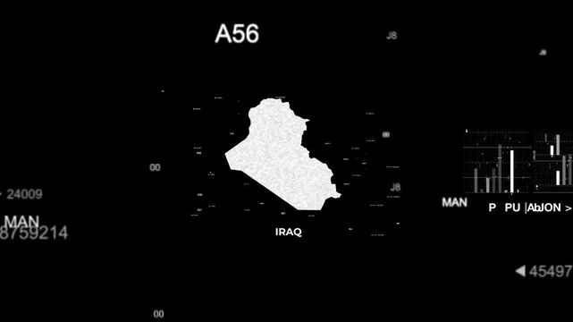 Iraq map animation showcasing economy, infrastructure, technology, population, energy, trade, and national development data for presentations, films, documentaries, and motion graphics.