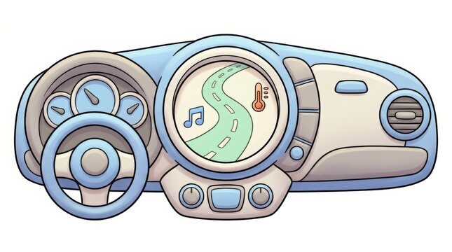 Transportation - Cartoon car dashboard vector illustration with steering wheel and screen