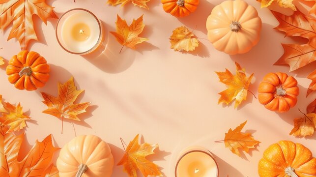  flat lay layout of pumpkins, light amber candles, and golden maple leaves neatly framing the borders