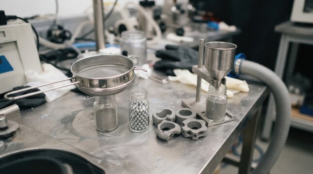 Metal powder processing with atomized spheres, sample jars, sieve, sintered rings, and hopper in a clean materials laboratory.