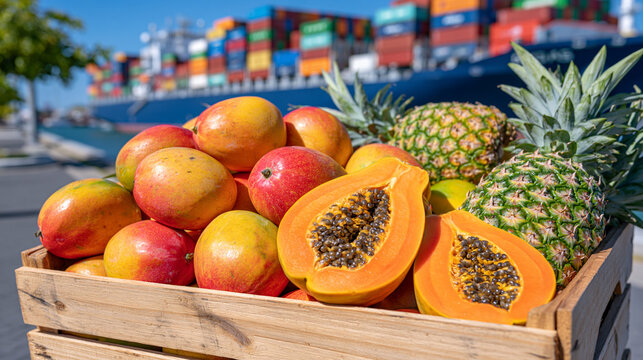 Mixed tropical fruits including mangoes, papayas and pineapples arranged in a large wooden crate on a harbor pier, enormous refrigerated cargo ship and colorful shipping containers behind, humid coa
