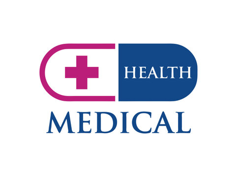 Medical health logo with pill capsule icon, pharmaceutical cross symbol in blue and purple, healthcare clinic branding vector